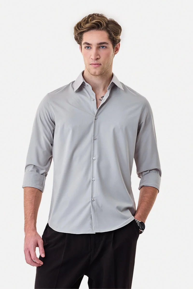 SNITCH Grey Solid Long Sleeve Slim Fit Luxe Shirt