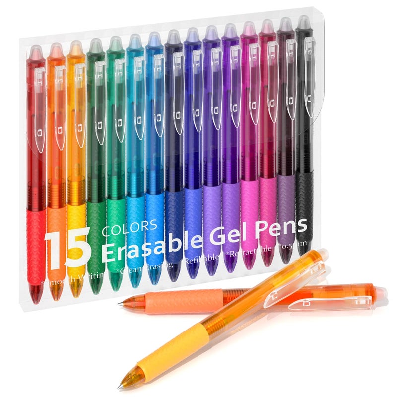 Lineon Erasable Gel Pens, 15 Colors Retractable Fine Point Erasable Pens Clicker, Fine Point(0.5mm), Assorted Color Inks, Make Mistakes Disappear for Drawing Writing Planner and Crossword Puzzles - Image 1