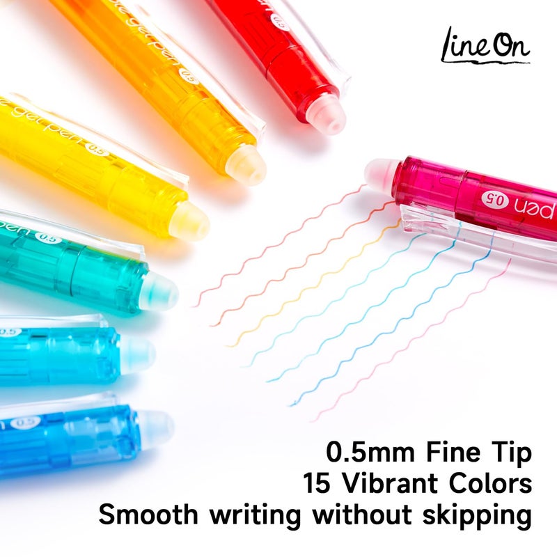 Lineon Erasable Gel Pens, 15 Colors Retractable Fine Point Erasable Pens Clicker, Fine Point(0.5mm), Assorted Color Inks, Make Mistakes Disappear for Drawing Writing Planner and Crossword Puzzles - Image 5