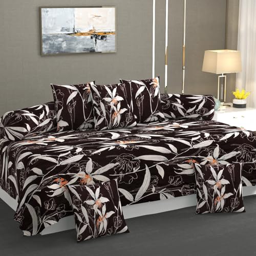 TIB Presents Flannel Warm Diwan Cover Set, 1 Single Bedsheet (60 x 90 inch), 5 Pillows (16 x 16 inch), 2 Bolster Covers (16 x 32 inch) (Flower Brown) - Image 1