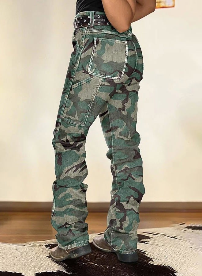 Flamingals Camo Cargo Pants for Women Mid Rise Camouflage Trousers Stretchy Bootcut Pants Without Belt, Camo, S - Image 2