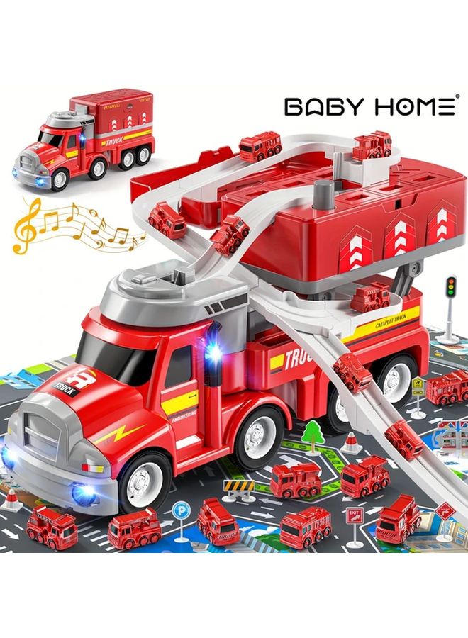 Interactive Marble Run Truck Toy Set With 8 Mini Cars Red Fire Station Track Playset - Image 2