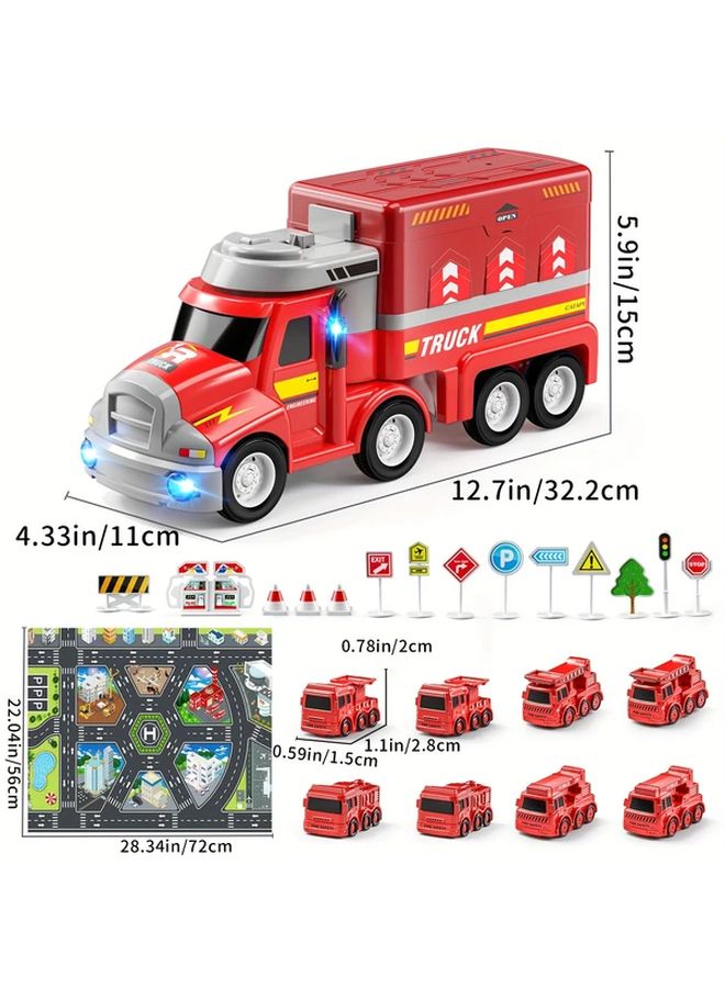 Interactive Marble Run Truck Toy Set With 8 Mini Cars Red Fire Station Track Playset - Image 3