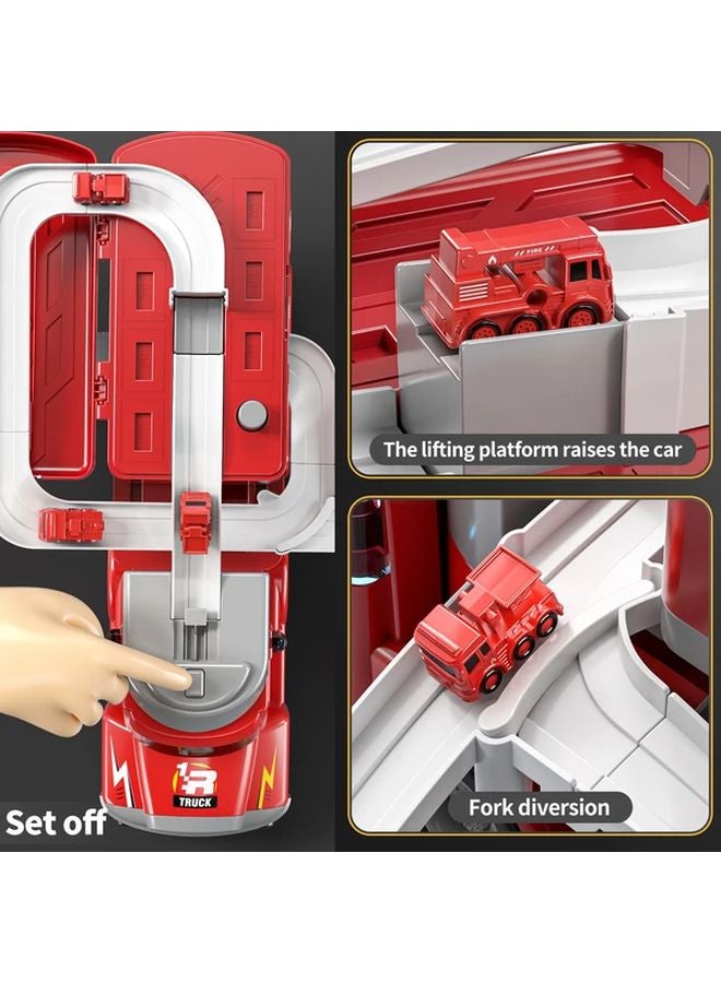 Interactive Marble Run Truck Toy Set With 8 Mini Cars Red Fire Station Track Playset - Image 5