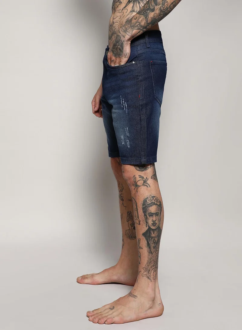 Campus Sutra Men's Navy Blue Minimal Distressed Denim Shorts For Casual Wear | Dark-Wash | Regular Fit | Button Closure | Cotton Denim Shorts Crafted With Comfort Fit For Everyday Wear