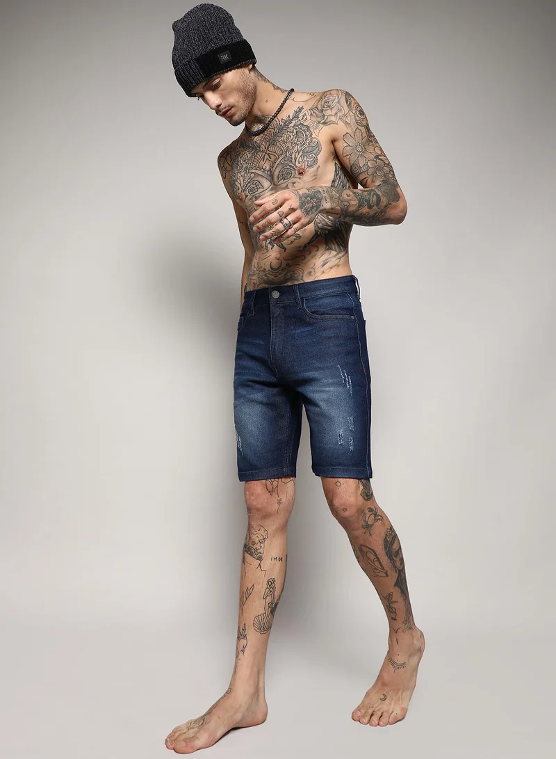 Campus Sutra Men's Navy Blue Minimal Distressed Denim Shorts For Casual Wear | Dark-Wash | Regular Fit | Button Closure | Cotton Denim Shorts Crafted With Comfort Fit For Everyday Wear