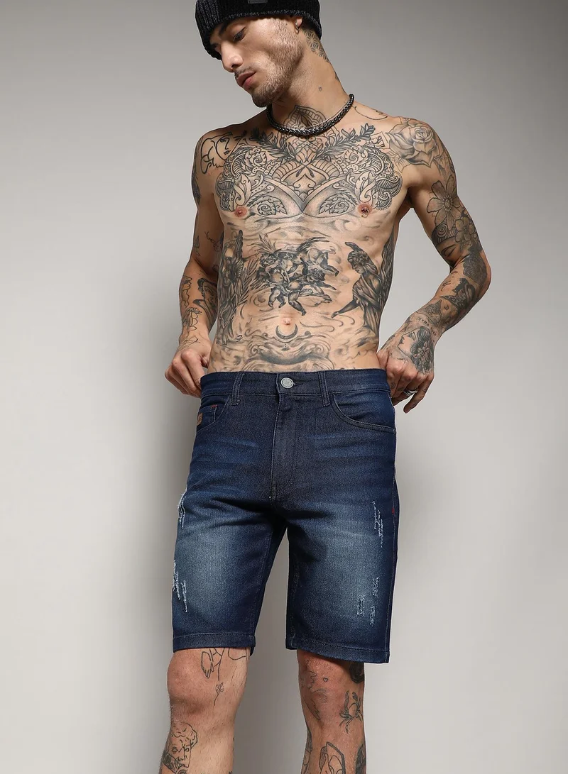 Campus Sutra Men's Navy Blue Minimal Distressed Denim Shorts For Casual Wear | Dark-Wash | Regular Fit | Button Closure | Cotton Denim Shorts Crafted With Comfort Fit For Everyday Wear