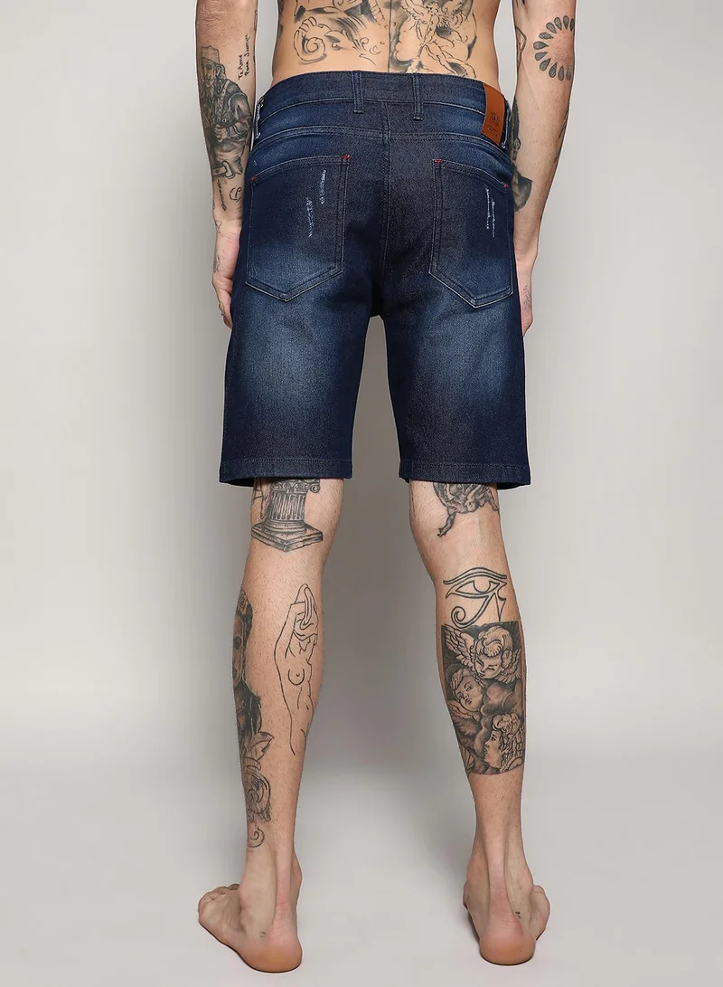 Campus Sutra Men's Navy Blue Minimal Distressed Denim Shorts For Casual Wear | Dark-Wash | Regular Fit | Button Closure | Cotton Denim Shorts Crafted With Comfort Fit For Everyday Wear