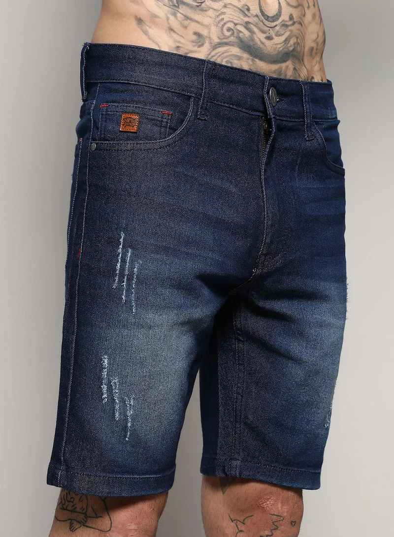 Campus Sutra Men's Navy Blue Minimal Distressed Denim Shorts For Casual Wear | Dark-Wash | Regular Fit | Button Closure | Cotton Denim Shorts Crafted With Comfort Fit For Everyday Wear