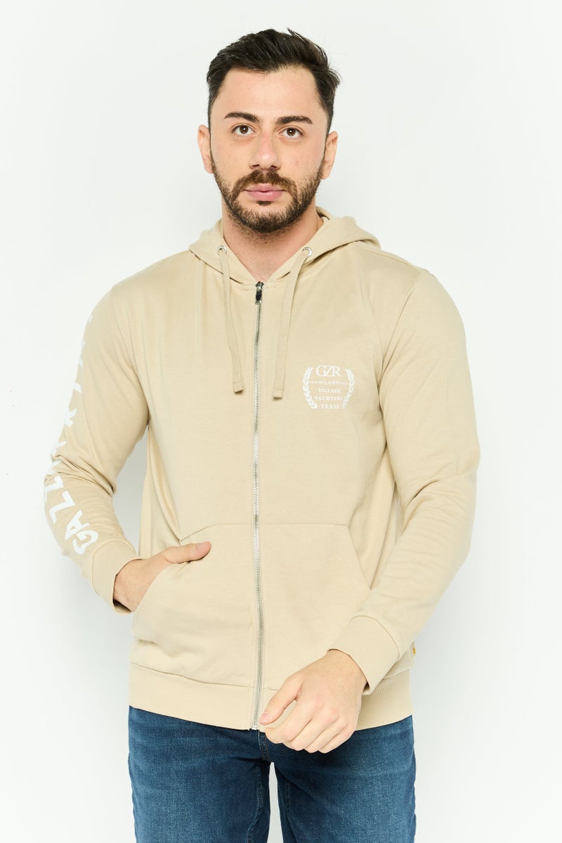 Gazzarrini سويت شيرت طويل الأكمام مع غطاء للرأس للرجال، بيج - Image 1