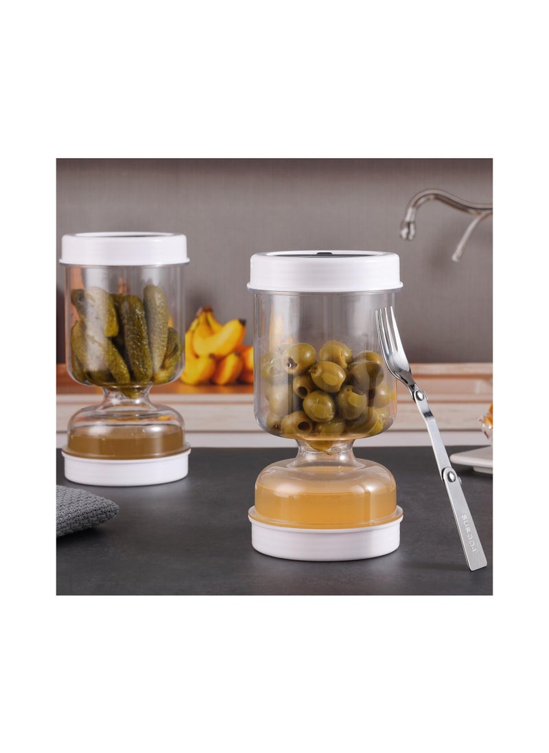 Y&D - New Upgrade Pickle and Olive Hourglass Jar, with Strainer Flip Wet Dry Juice, Juice Separator, Container, Kimchi Jar for Airtight Food Storage(With a Fork) - Image 1