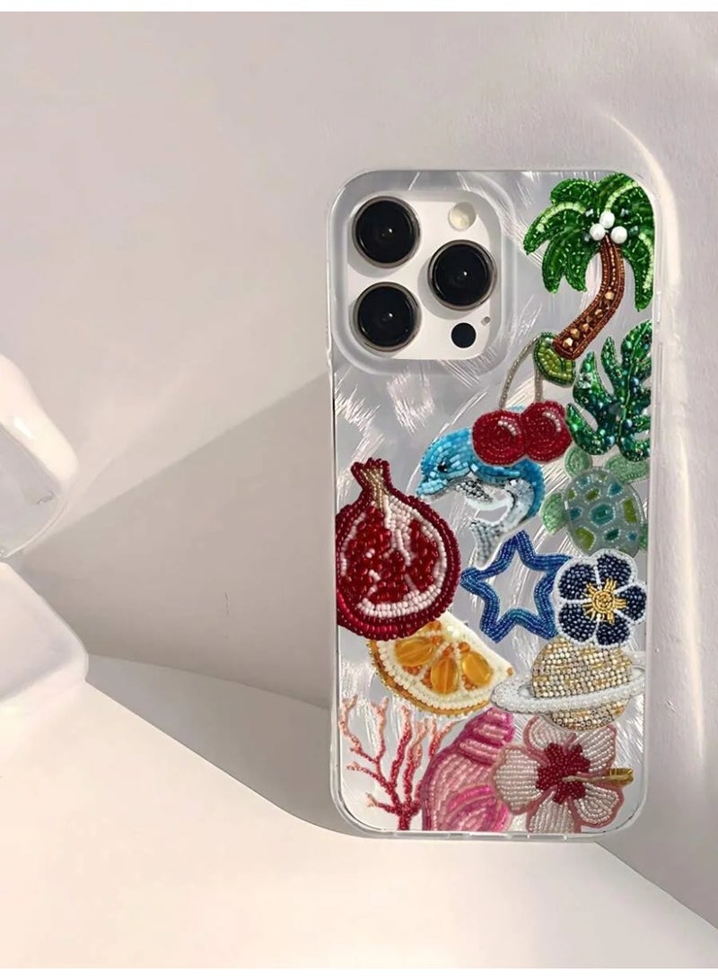 شي إن 1 قطعة غطاء هاتف ناعم شفاف ولماع مضاد للبصمات ومقاوم للخدش، مزخرف بأشكال أشجار جوز الهند والزهور الرمانية والسلاحف، مناسب لايفون ١٦ برو ماكس - Image 2