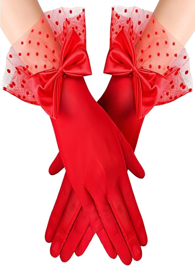 Homeaura Red Lace Gloves for Women - Breathable Fabric, Elegant Design, Comfort Fit Mesh Material | Bow Accent | Wedding Ready | Party Use | Soft Fit | Hand Wash - Image 1