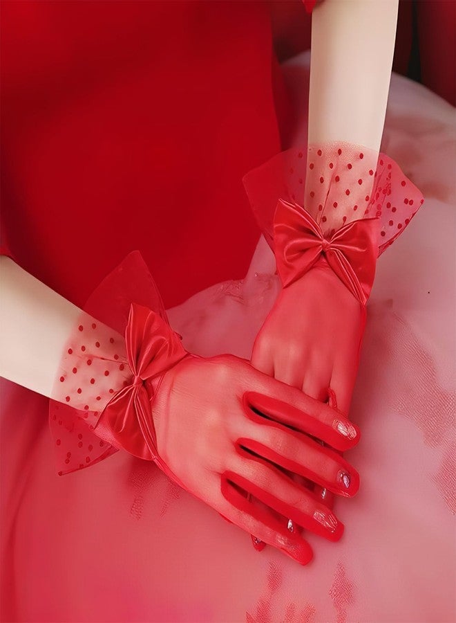 Homeaura Red Lace Gloves for Women - Breathable Fabric, Elegant Design, Comfort Fit Mesh Material | Bow Accent | Wedding Ready | Party Use | Soft Fit | Hand Wash - Image 4