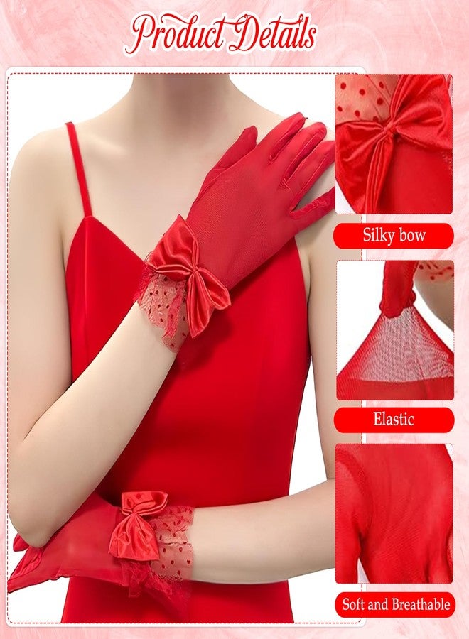 Homeaura Red Lace Gloves for Women - Breathable Fabric, Elegant Design, Comfort Fit Mesh Material | Bow Accent | Wedding Ready | Party Use | Soft Fit | Hand Wash - Image 3