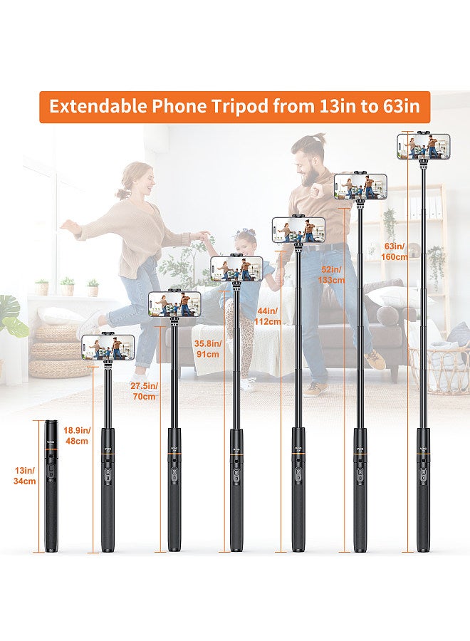 TP-19 Extendable Selfie Stick Tripod for Phone Max. Length 160cm/63in with Remote Shutter Phone Tripod for Vlog Selfie Live Streaming Group Photo Video