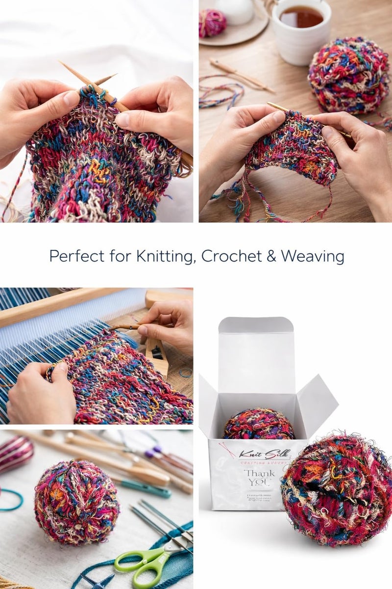KNITSILK Recycled Sari Silk Yarn – 1 x 100g Multicolour Unique Bulky Yarn Ball, 80+ Yards | Eco-Friendly Handmade Fiber for Knitting, Crochet, Weaving, Crafts, and DIY Projects. - Image 3