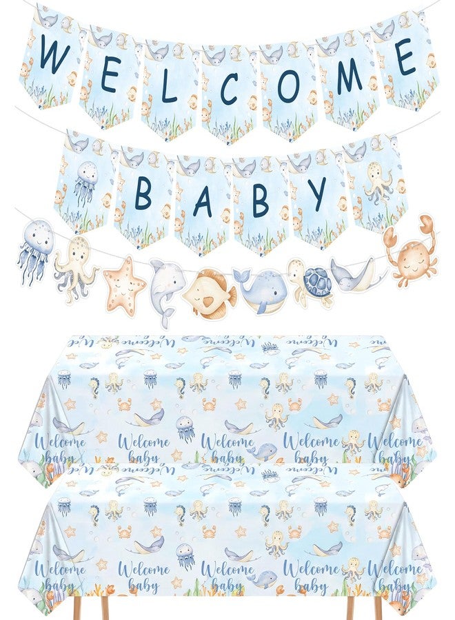 YooNotee 5 Pcs Under The Sea Baby Shower Decorations Sea You Soon Baby Shower Supplies Ocean Animals Tablecloth Banner Summer Beach Birthday Party Favor - Image 1