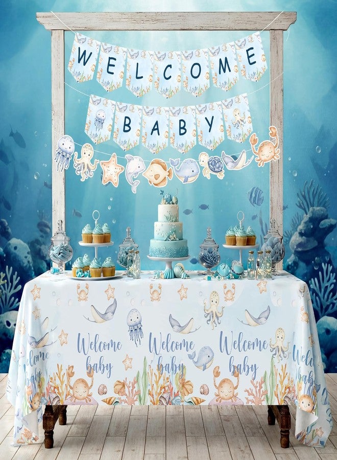 YooNotee 5 Pcs Under The Sea Baby Shower Decorations Sea You Soon Baby Shower Supplies Ocean Animals Tablecloth Banner Summer Beach Birthday Party Favor - Image 2