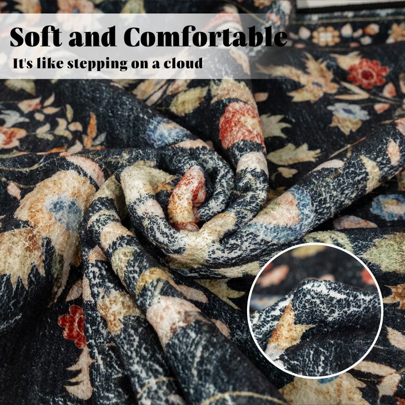 MUJOO 3x5 Rug Washable,Black Floral Area Rugs for Bedroom Bedside Entryway Living Room Kitchen,Floral Boho Small Indoor Floor Rug Non Slip Throw Carpet Low Pile Vintage - Image 5