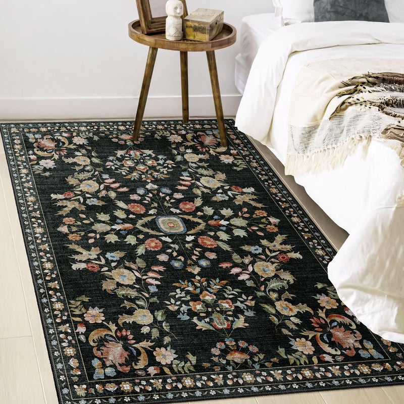 MUJOO 3x5 Rug Washable,Black Floral Area Rugs for Bedroom Bedside Entryway Living Room Kitchen,Floral Boho Small Indoor Floor Rug Non Slip Throw Carpet Low Pile Vintage - Image 3