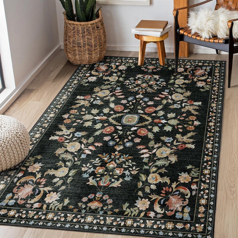 MUJOO 3x5 Rug Washable,Black Floral Area Rugs for Bedroom Bedside Entryway Living Room Kitchen,Floral Boho Small Indoor Floor Rug Non Slip Throw Carpet Low Pile Vintage - Image 1