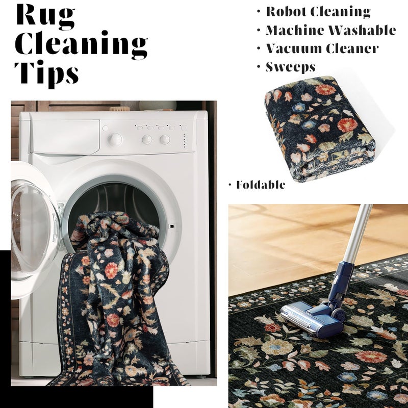 MUJOO 3x5 Rug Washable,Black Floral Area Rugs for Bedroom Bedside Entryway Living Room Kitchen,Floral Boho Small Indoor Floor Rug Non Slip Throw Carpet Low Pile Vintage - Image 4