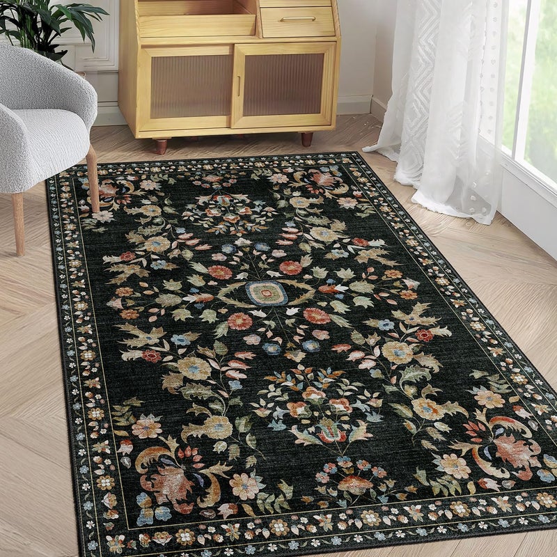 MUJOO 3x5 Rug Washable,Black Floral Area Rugs for Bedroom Bedside Entryway Living Room Kitchen,Floral Boho Small Indoor Floor Rug Non Slip Throw Carpet Low Pile Vintage - Image 2