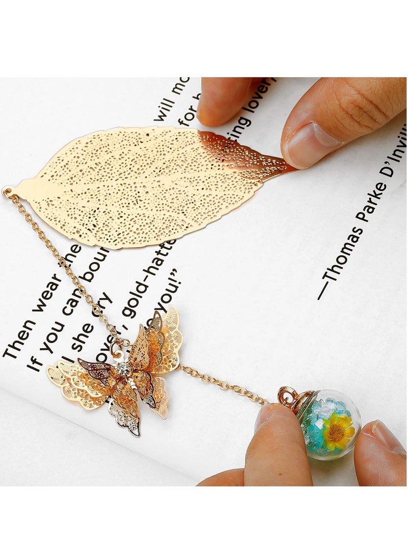 phomemo Metal Leaf Bookmark ,Birthday Gift Teachers Women & Mothers Day ,Butterfly Book Mark ,for Book Lover, Librarian Readers, Mom, Lady Female, Girl, Bookworm.(Golden Leaves Blue Yellow Flowers) - Image 3