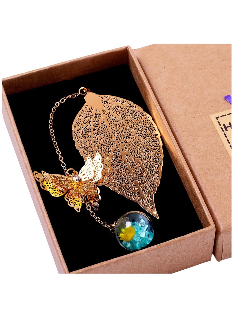 phomemo Metal Leaf Bookmark ,Birthday Gift Teachers Women & Mothers Day ,Butterfly Book Mark ,for Book Lover, Librarian Readers, Mom, Lady Female, Girl, Bookworm.(Golden Leaves Blue Yellow Flowers) - Image 2