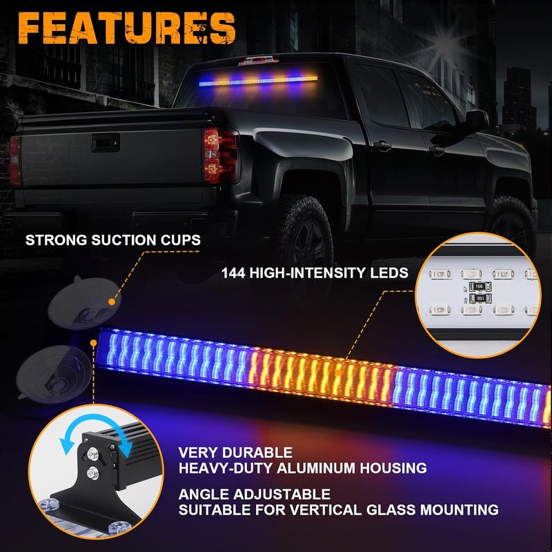XRIDONSEN 35 Inch Traffic Advisor Light Bar with 144 LED Blue Amber Strobe Lights - Image 3