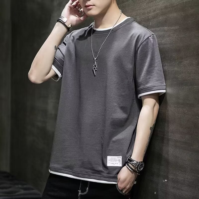 Fake two-piece half sleeve short sleeve mens fashion brand summer new mens casual loose Ruan handsome round neck T-shirt top clothes Dark gray - Image 2