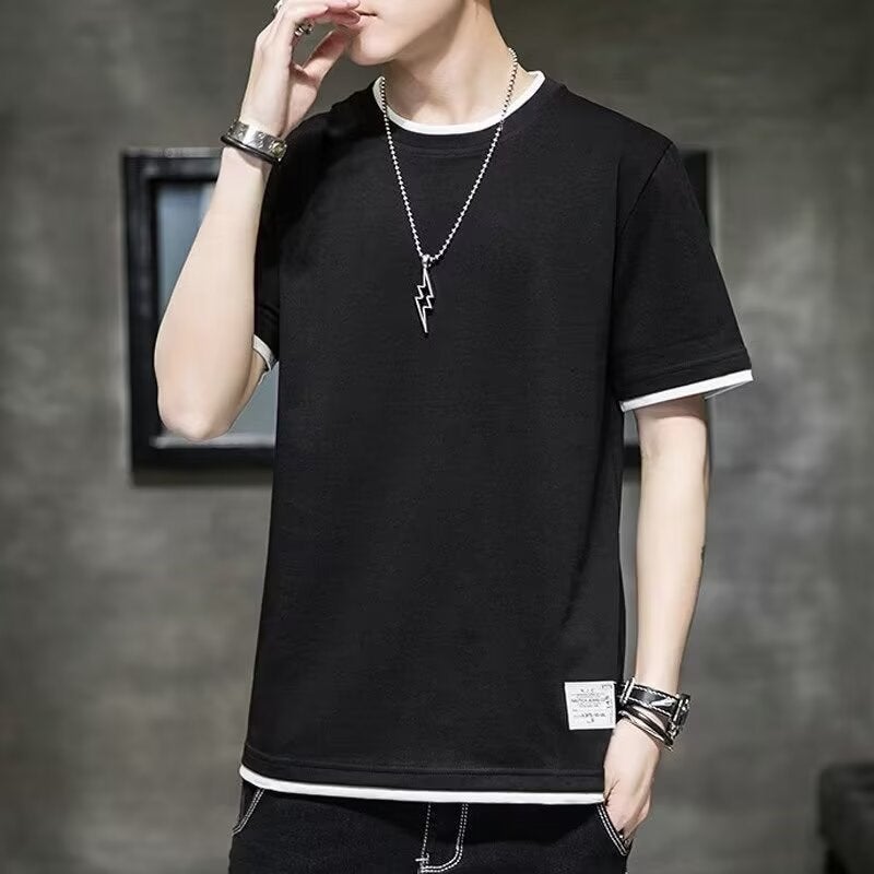 Fake two-piece half sleeve short sleeve mens fashion brand summer new mens casual loose Ruan handsome round neck T-shirt top clothes Dark gray - Image 1
