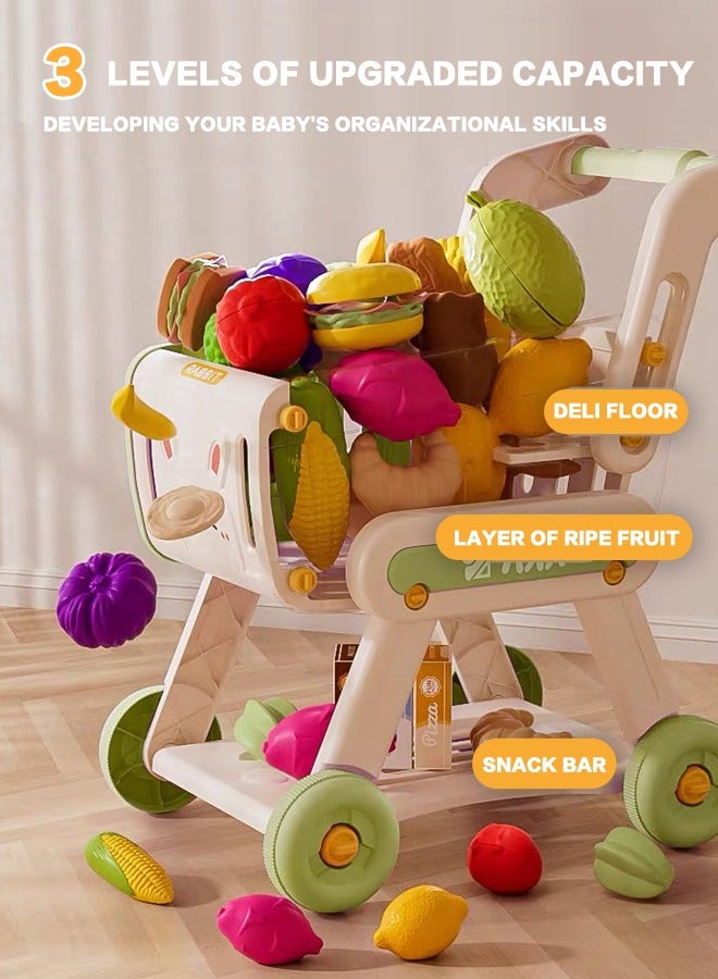 Kids Shopping Cart,Kids Kitchen Toys Set - 33 PCS Durable Pretend Play Kitchen Toys for Toddler,Play House Kitchen Toys For Kids,With fruit and vegetable and snack box,Shopping Cart Toy for Girls Bo