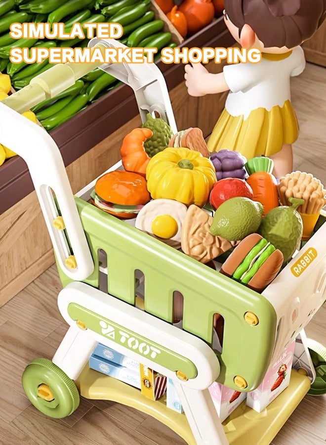 Kids Shopping Cart,Kids Kitchen Toys Set - 33 PCS Durable Pretend Play Kitchen Toys for Toddler,Play House Kitchen Toys For Kids,With fruit and vegetable and snack box,Shopping Cart Toy for Girls Bo
