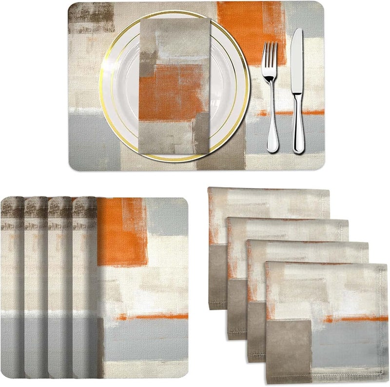 MCALK 4 Each Orange Placemats and Cloth Napkins Set of 8 Modern Abstract Art Painted Placemat for Home Kitchen Decor Placemats 18 x12 Cloth Napkins 18 x18 - Image 1