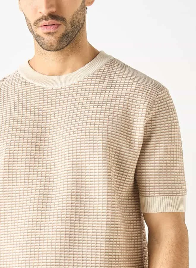 Iconic Iconic Textured Crew Neck T-shirt with Short Sleeves