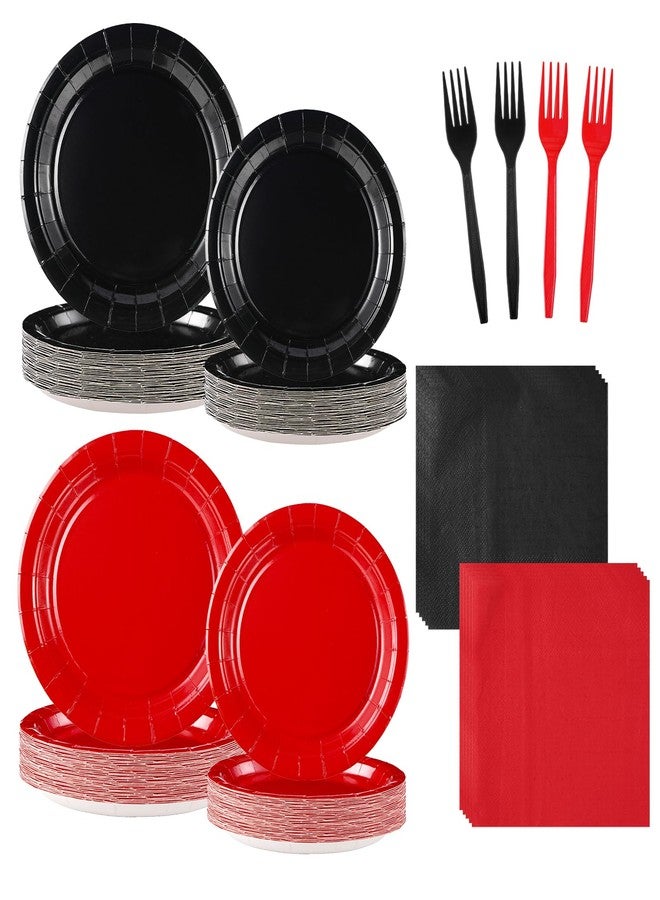 Grencian 96 Pcs Red and Black Party Supplies Black and Red Party Plates Disposable Black Red Paper Plates and Napkins Tableware Set for Red and Black Birthday Party Decoration Fiesta Halloween Serves 24 - Image 1