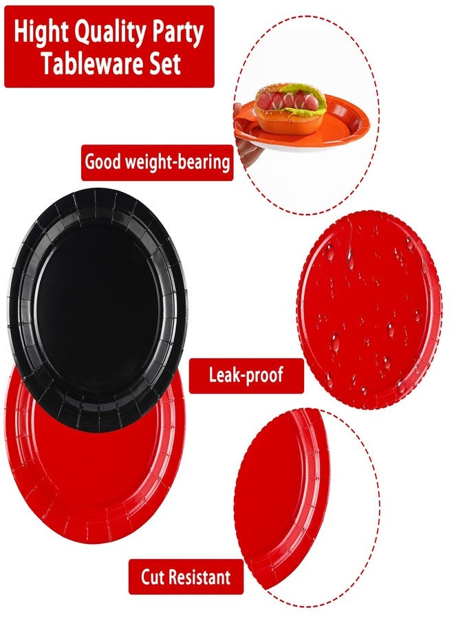 Grencian 96 Pcs Red and Black Party Supplies Black and Red Party Plates Disposable Black Red Paper Plates and Napkins Tableware Set for Red and Black Birthday Party Decoration Fiesta Halloween Serves 24 - Image 3