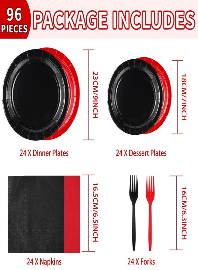 Grencian 96 Pcs Red and Black Party Supplies Black and Red Party Plates Disposable Black Red Paper Plates and Napkins Tableware Set for Red and Black Birthday Party Decoration Fiesta Halloween Serves 24 - Image 2