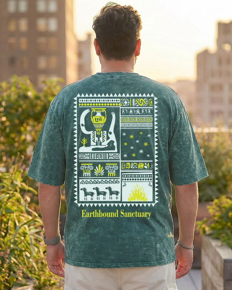 بيواكوف Men's Dark Sea Green Sanctuary Graphic Printed Oversized Plus Size T-shirt
