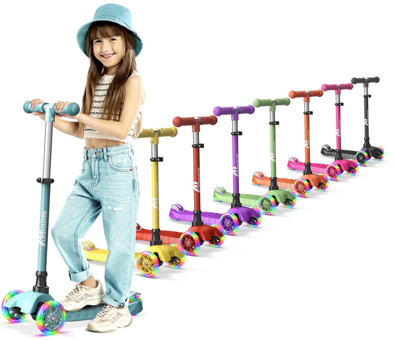 Lifemaster Kids Scooter Children and Toddler 3 Wheel Kick Scooter LED Wheel Lights Illuminate When Rolling Adjustable Handlebar Indoor and Outdoor Teal