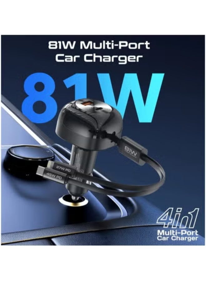 JAJEEK 81W Fast Multi-Port Car Charger with Retractable USB-C & Lightning Cables – Quick Charge Adapter for iPhone, Samsung, iPad, and Android Devices – Compact 3-Port In-Car Charging Station with LED Indicator, Smart IC Chip for Safe & Efficient Power - Image 2