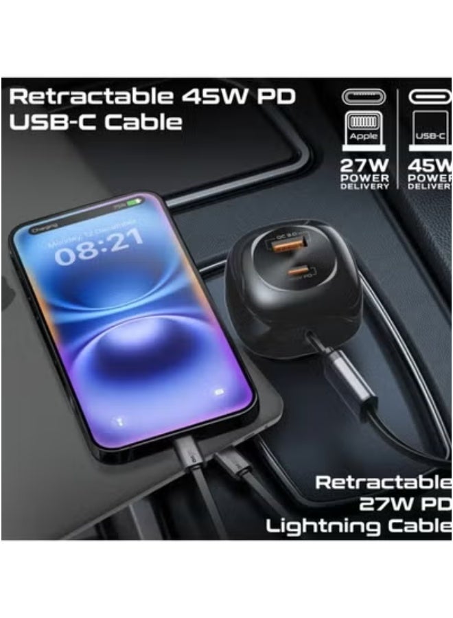 JAJEEK 81W Fast Multi-Port Car Charger with Retractable USB-C & Lightning Cables – Quick Charge Adapter for iPhone, Samsung, iPad, and Android Devices – Compact 3-Port In-Car Charging Station with LED Indicator, Smart IC Chip for Safe & Efficient Power - Image 4