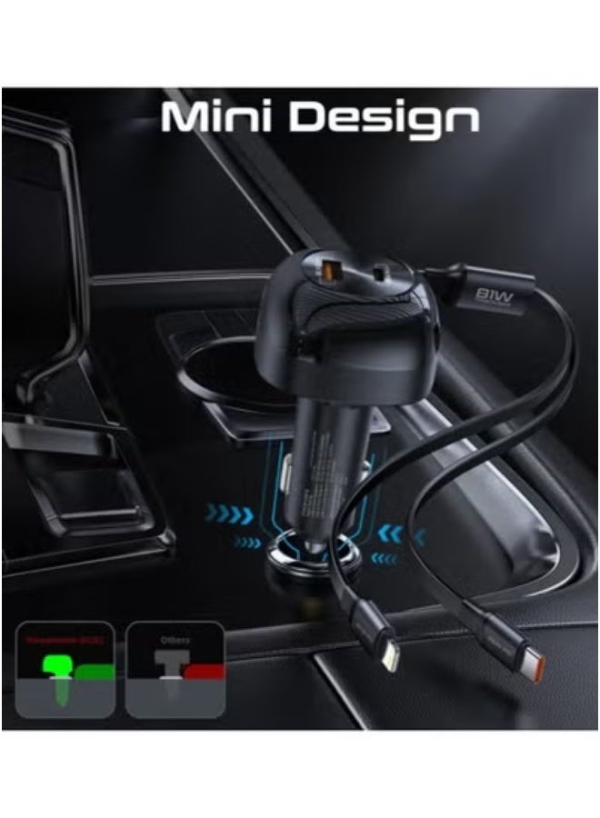 JAJEEK 81W Fast Multi-Port Car Charger with Retractable USB-C & Lightning Cables – Quick Charge Adapter for iPhone, Samsung, iPad, and Android Devices – Compact 3-Port In-Car Charging Station with LED Indicator, Smart IC Chip for Safe & Efficient Power - Image 5