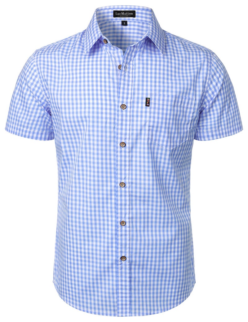 LucMatton Men's Gingham Short Sleeve Button Down Shirt Cotton Regular Fit Plaid Dress Shirts with Pocket Blue Gingham Large - Image 1