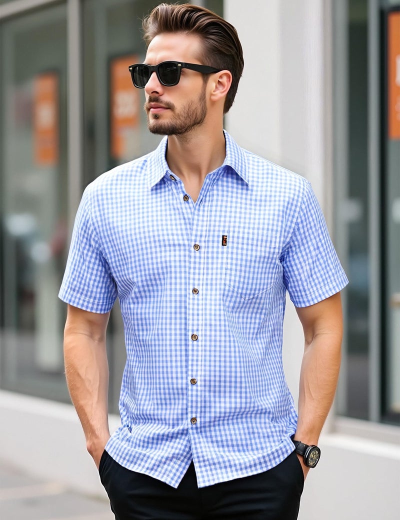 LucMatton Men's Gingham Short Sleeve Button Down Shirt Cotton Regular Fit Plaid Dress Shirts with Pocket Blue Gingham Large - Image 2