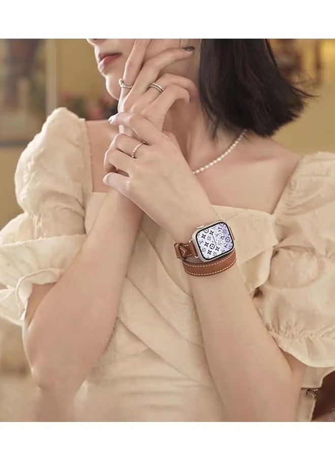 Leather Watch Band Compatible for Apple Watch Series Band 42mm 44mm 45mm 46mm 49mm women, Genuine Leather Double Tour Designed Slim Replacement Strap for iWatch Series10 9 8 7 6, Ultra2,SE, Brown  - Image 2