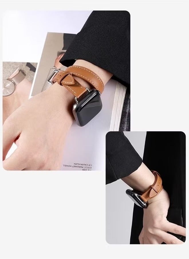 Leather Watch Band Compatible for Apple Watch Series Band 42mm 44mm 45mm 46mm 49mm women, Genuine Leather Double Tour Designed Slim Replacement Strap for iWatch Series10 9 8 7 6, Ultra2,SE, Brown  - Image 4