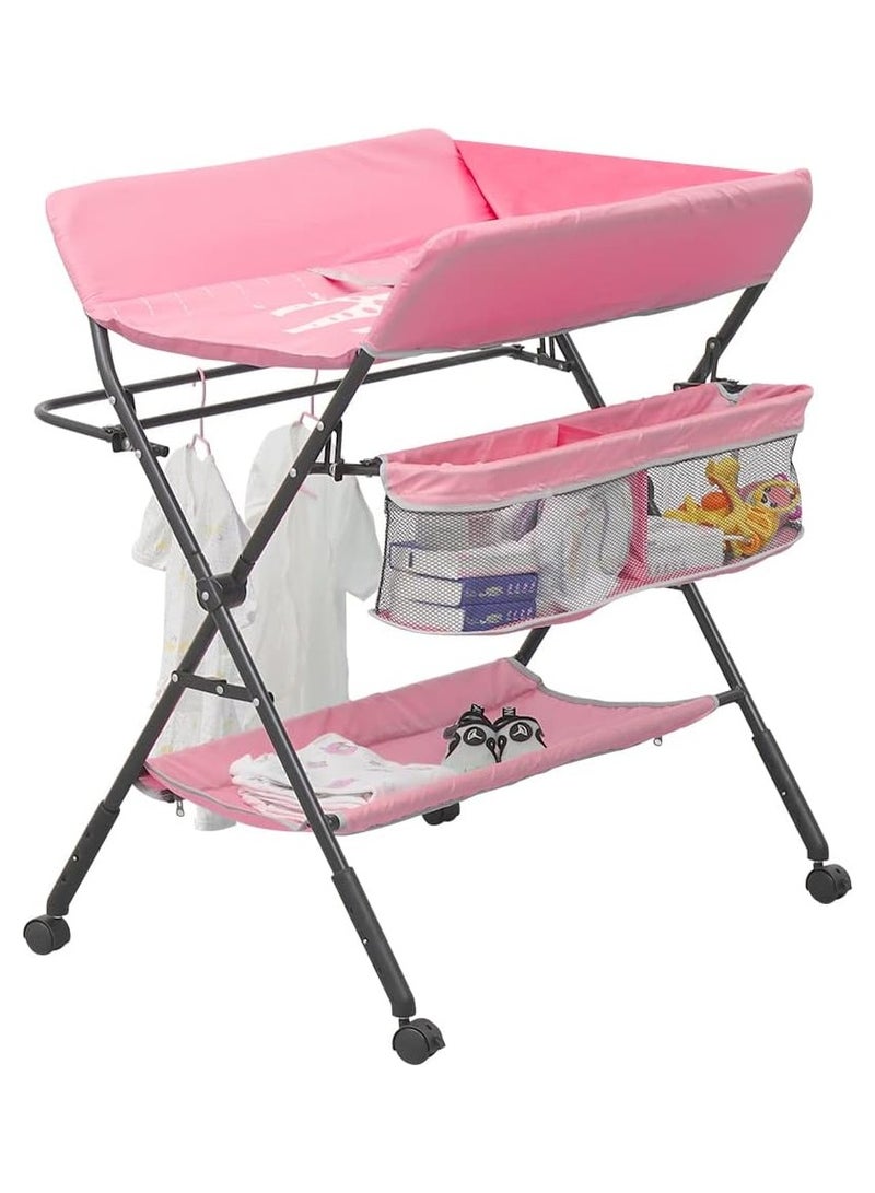 غوغويا Portable Foldable Baby Diaper Changing Table With Wheels, Mobile Nursery Organizer For Newborn Essentials,Pink  - Image 1